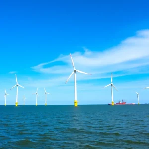 Offshore wind turbines under construction off the coast of New York.