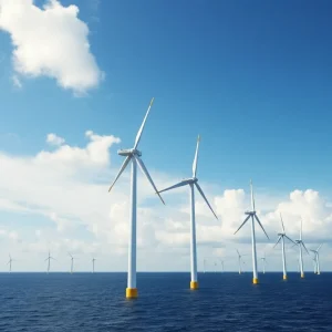 Offshore wind turbines of the Empire Wind project against a cloudy sky