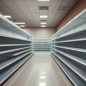 An empty pharmacy aisle reflecting recent store closures.