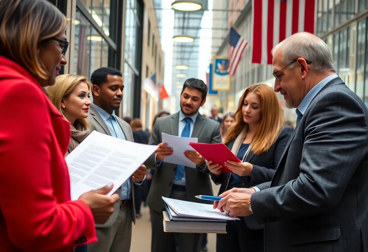 Diverse individuals discussing the FAIR Business Practices Act in a business setting.