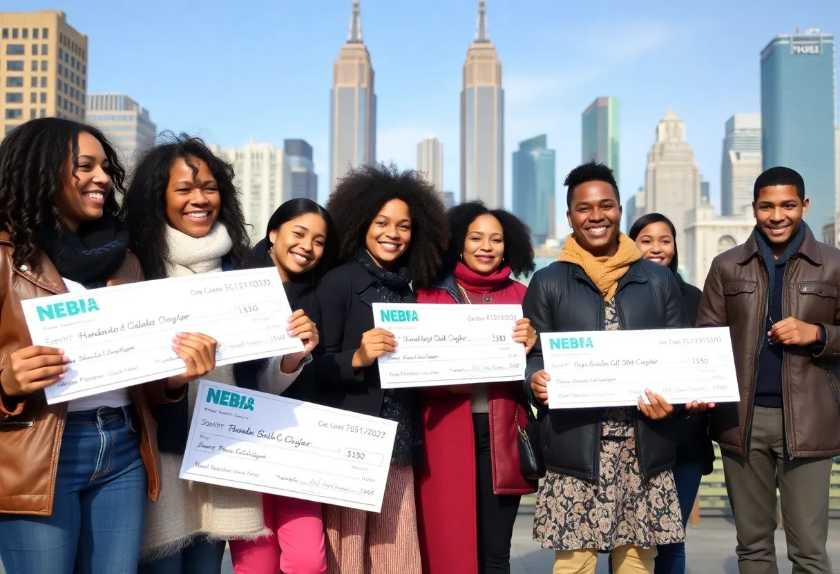 New York families receiving financial checks outdoors.