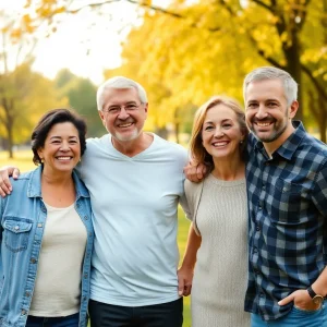 A happy family of four in a park