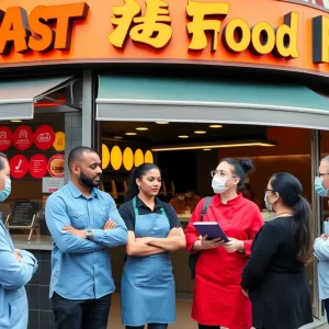 Fast food restaurant employees discussing labor and safety compliance