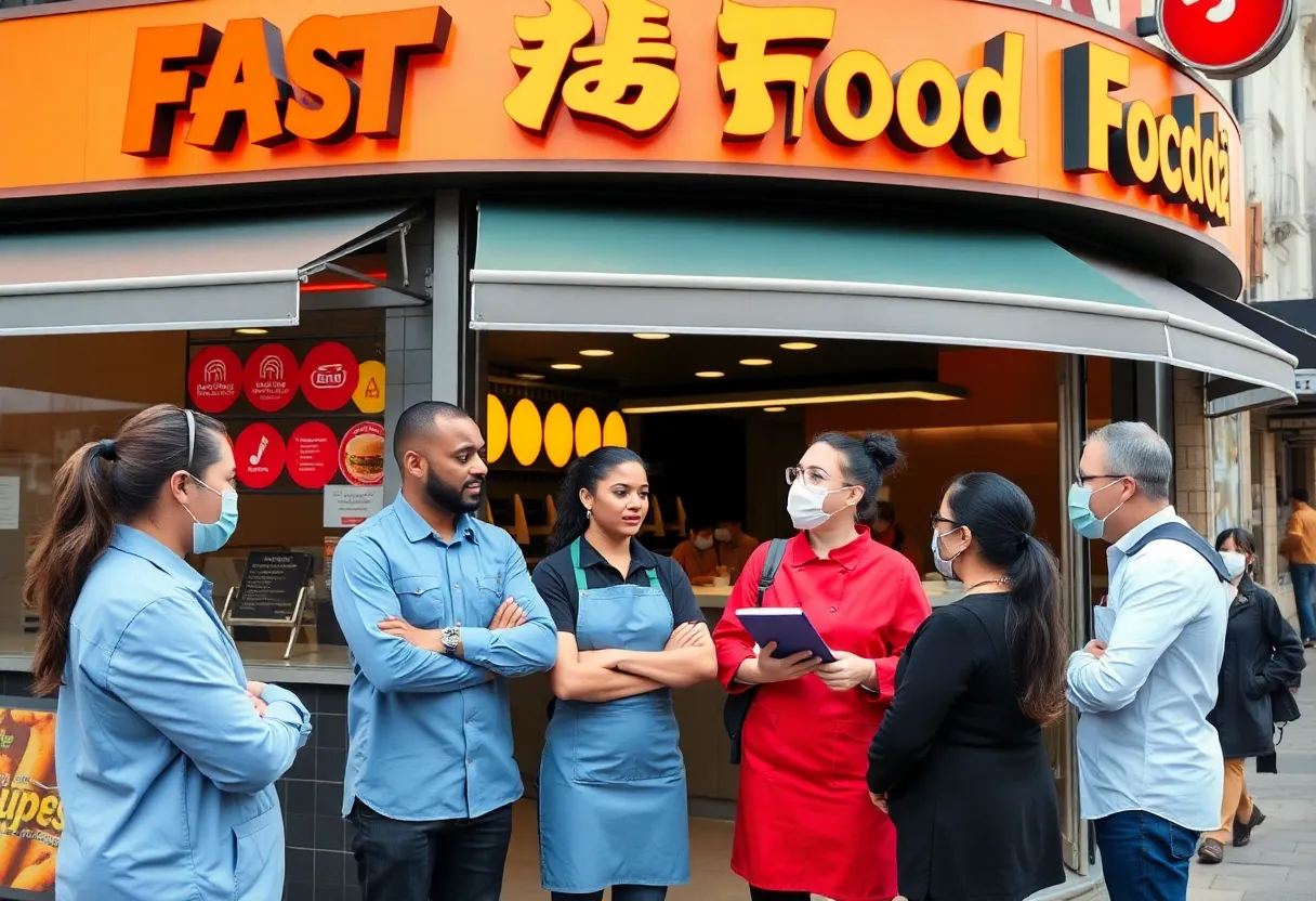 Fast food restaurant employees discussing labor and safety compliance