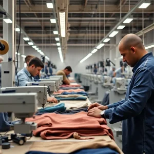 Interior view of Ferrara Manufacturing facility showcasing skilled workers using advanced technology in apparel production.