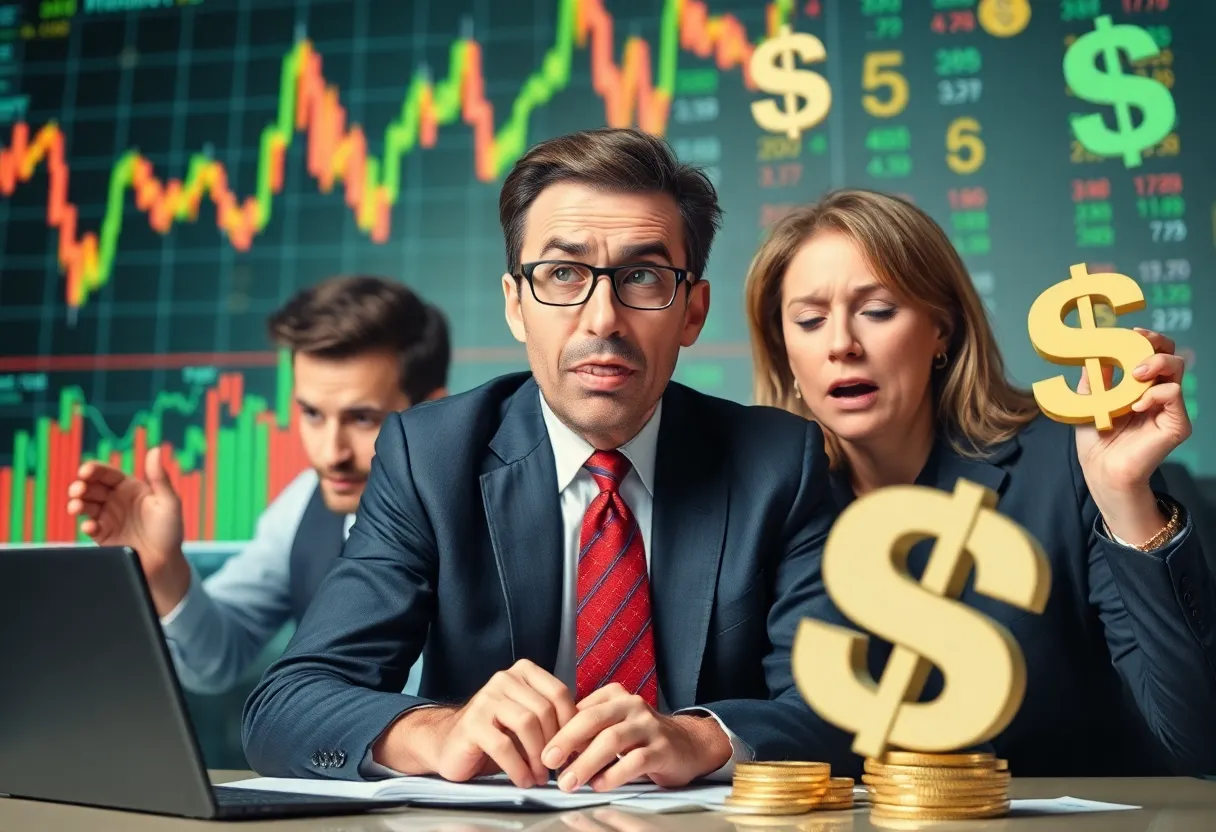 Illustration of financial market volatility with stock charts and currency symbols