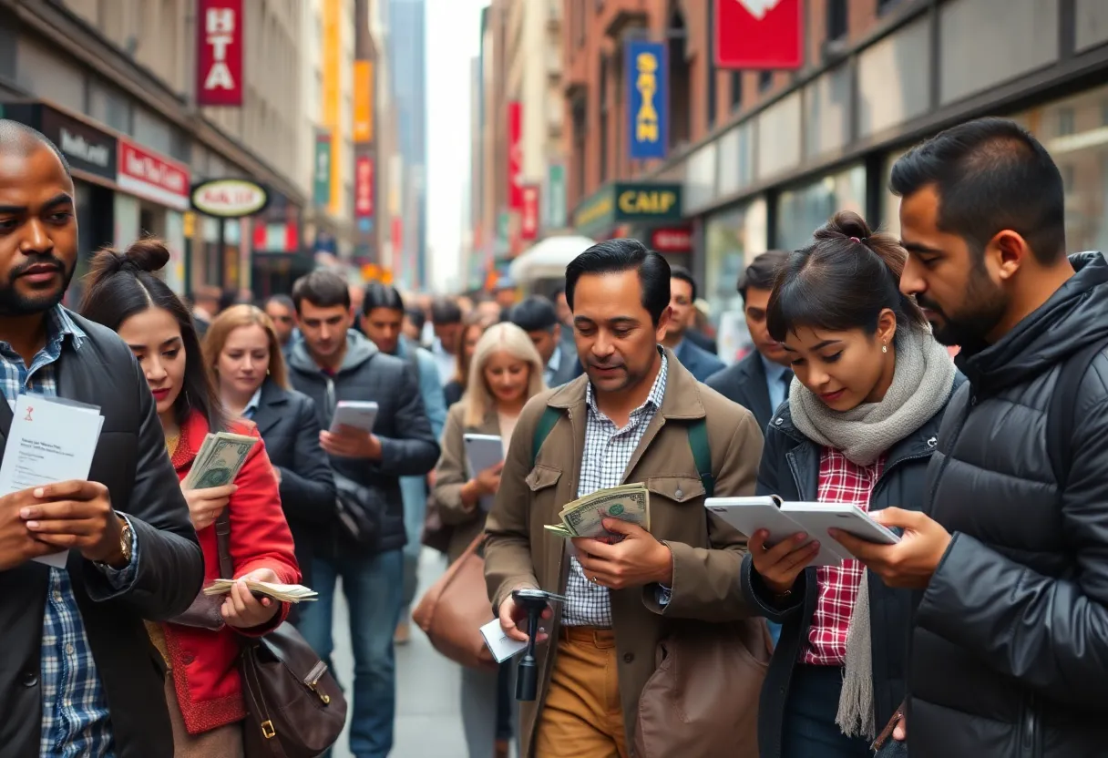Diverse individuals in NYC engaged in financial planning and budgeting activities.