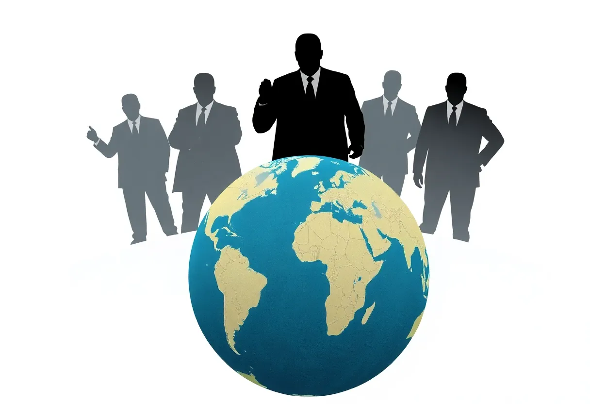 Abstract representation of foreign interference and influence in global politics.