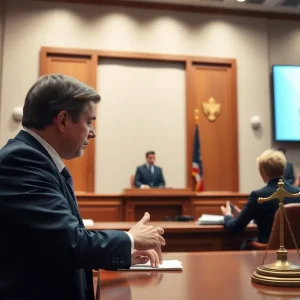 Depiction of a legal battle between Fox News and Smartmatic in a courtroom.