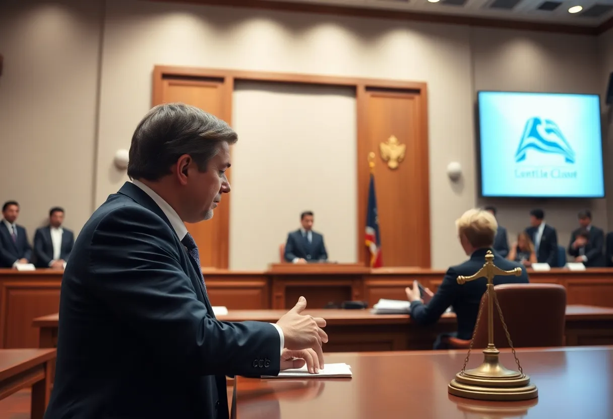 Depiction of a legal battle between Fox News and Smartmatic in a courtroom.