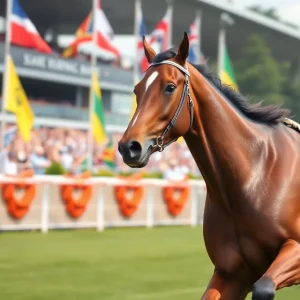 A powerful racehorse galloping on a racetrack with an enthusiastic crowd in the background.