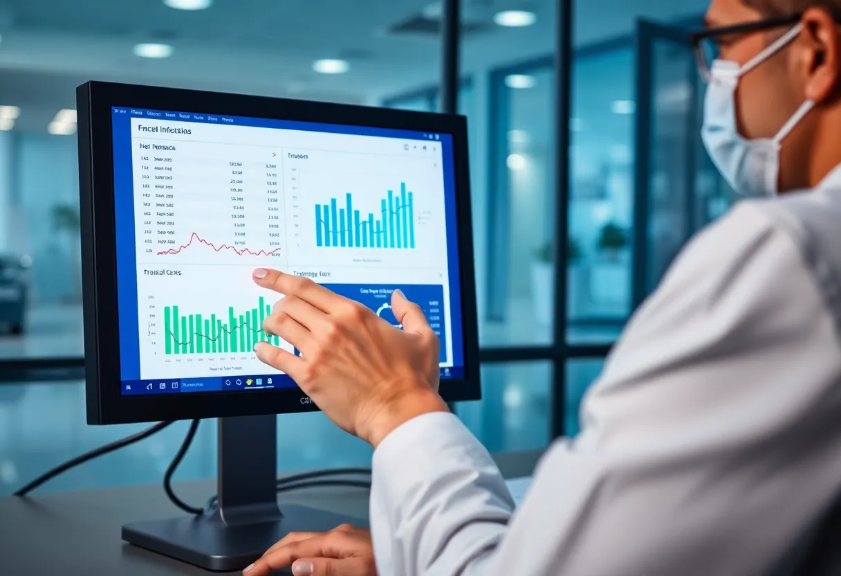 Healthcare professional analyzing hospital financial data on a screen