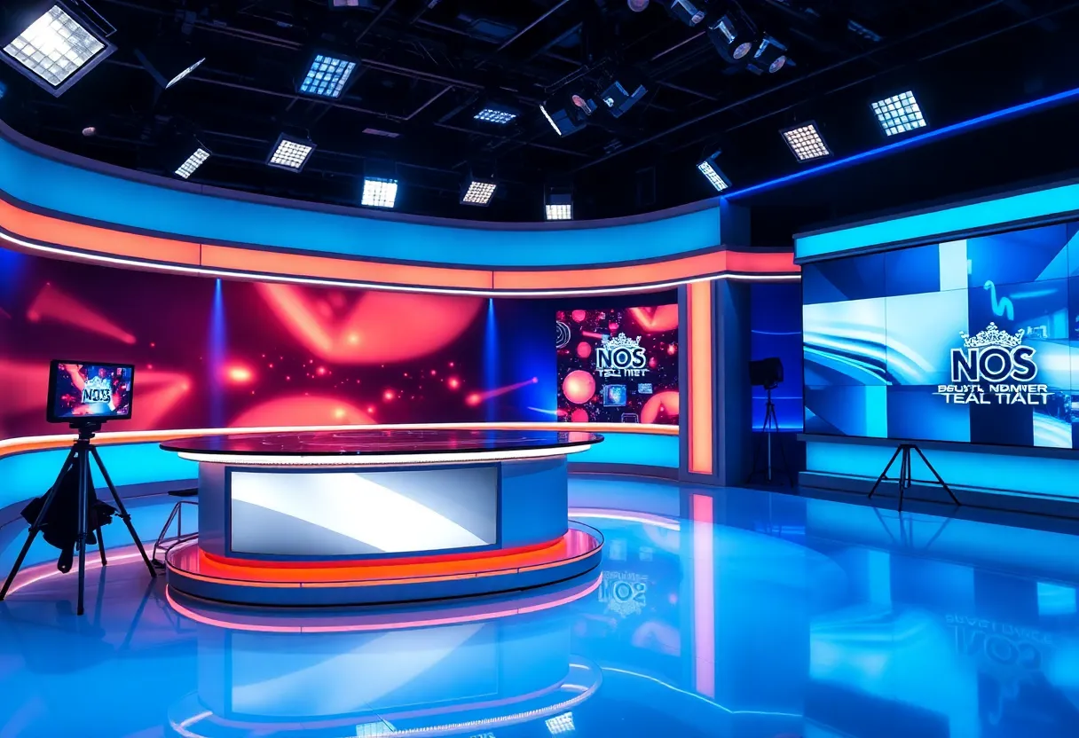 A modern television newsmagazine studio with bright lights.