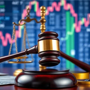 Abstract representation of insider trading with symbols of finance and justice.
