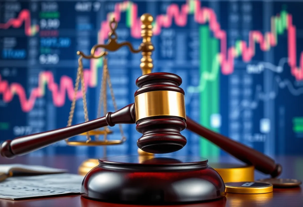 Abstract representation of insider trading with symbols of finance and justice.