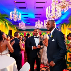 Gala event celebrating Jamaica's independence with cultural motifs.