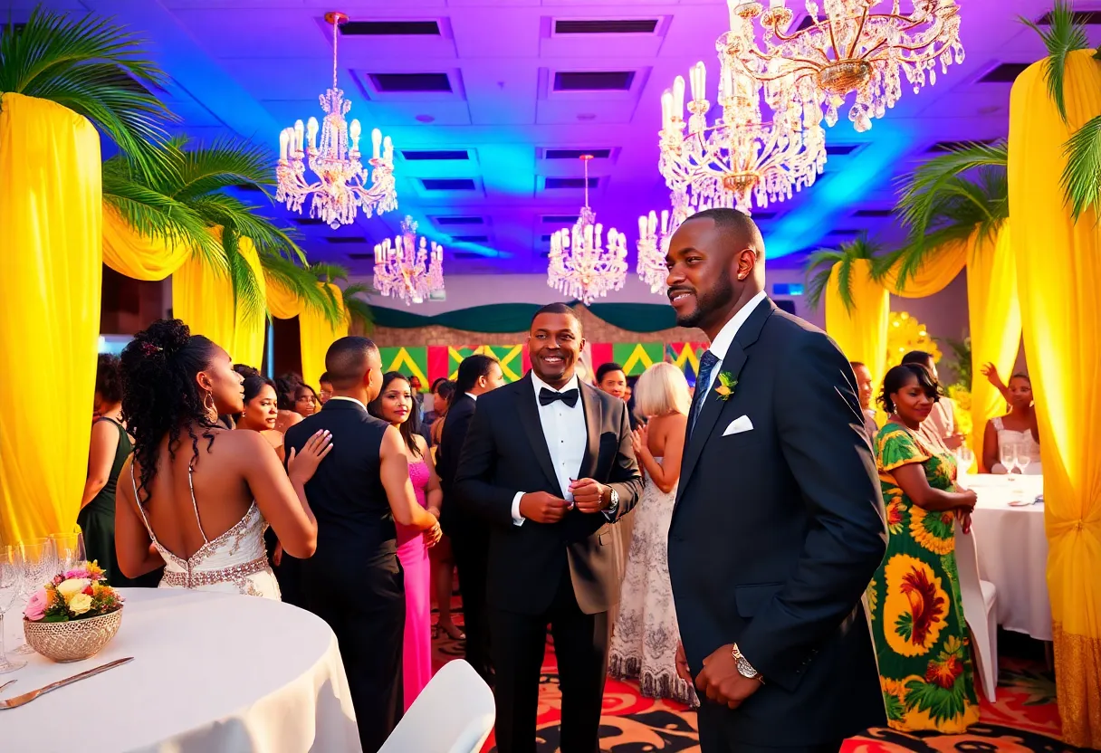 Gala event celebrating Jamaica's independence with cultural motifs.