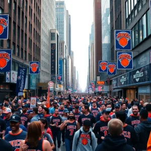 Crowd of fans celebrating on New York City streets during Knicks playoffs