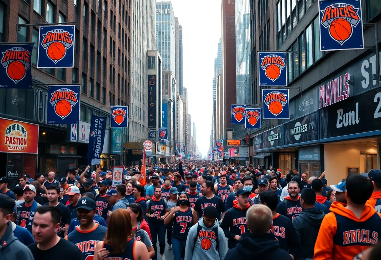Crowd of fans celebrating on New York City streets during Knicks playoffs