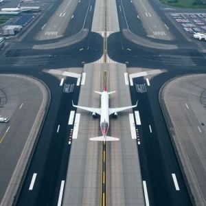 Aerial view of LaGuardia Airport showing aircraft on the runway and safety systems.