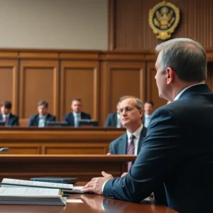Courtroom scene with legal professionals discussing insinder trading laws.