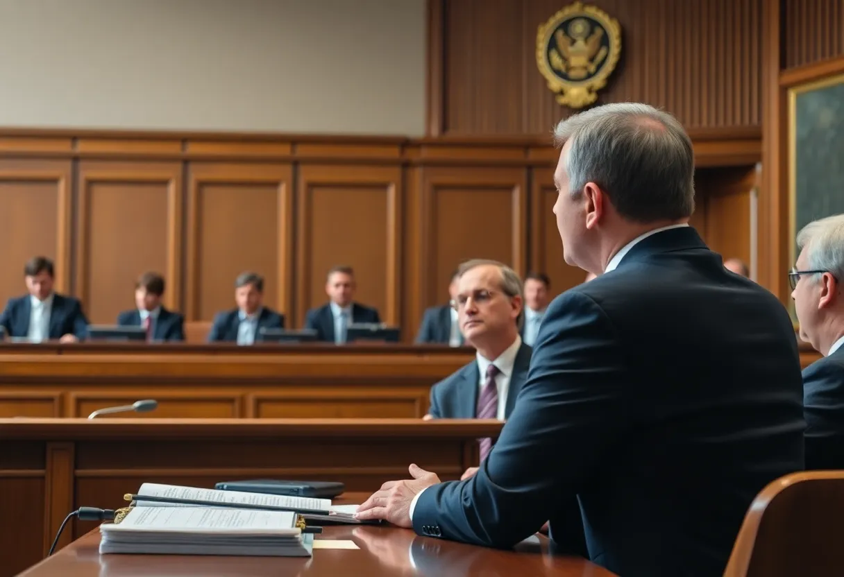 Courtroom scene with legal professionals discussing insinder trading laws.