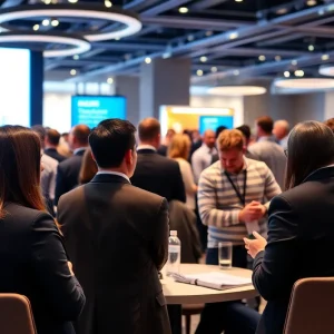 Conference attendees engaged in discussions about litigation services