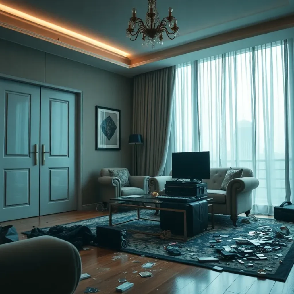 Chaotic luxury apartment crime scene linked to cryptocurrency crime.