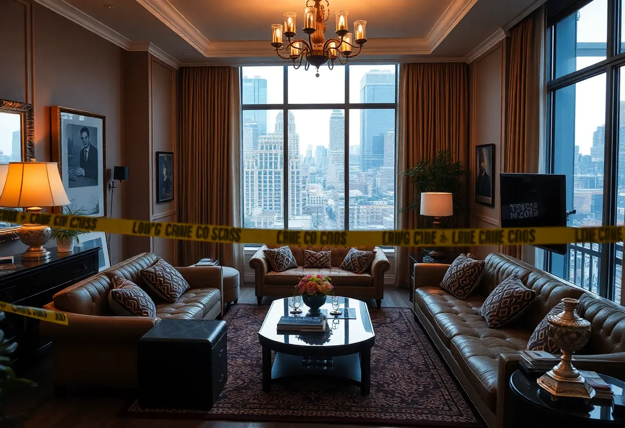 Interior of a luxurious apartment with crime scene elements