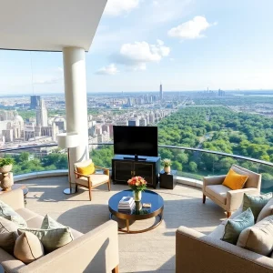 Luxurious penthouse overlooking Central Park with elegant decor.