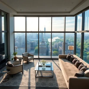 Interior view of a luxurious Manhattan penthouse showcasing elegant decor and city views.