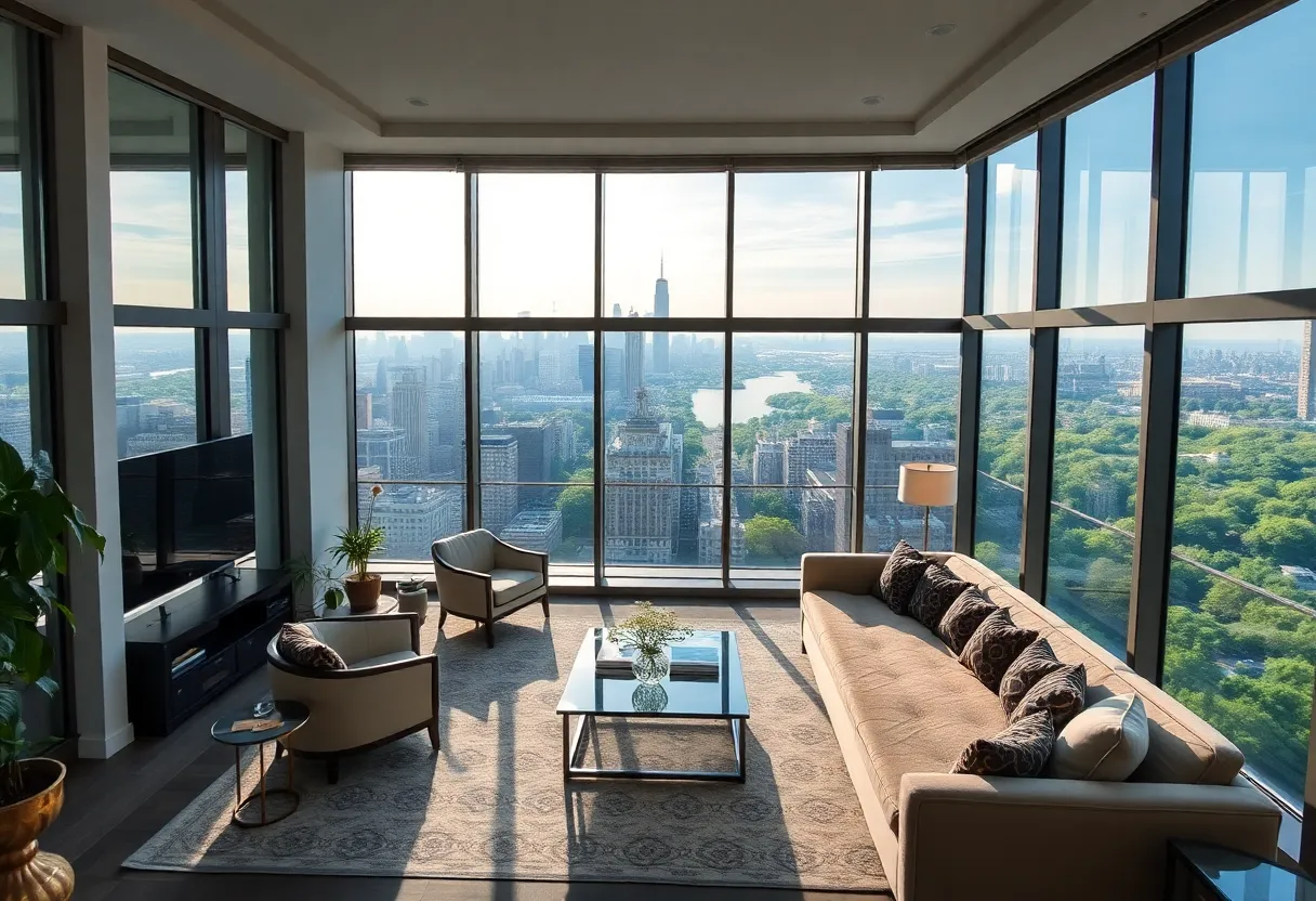 Interior view of a luxurious Manhattan penthouse showcasing elegant decor and city views.