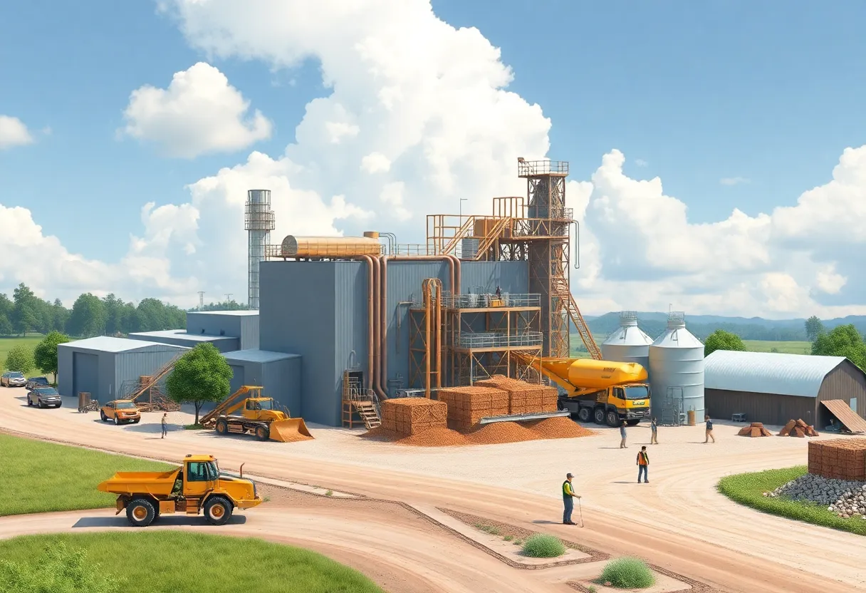 A large chipmaking plant surrounded by construction activities and nature.