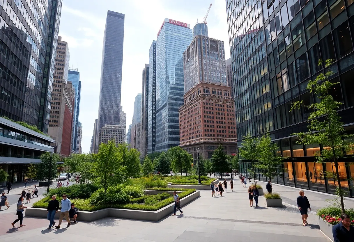 Skyline of Midtown Manhattan with office buildings and greenery