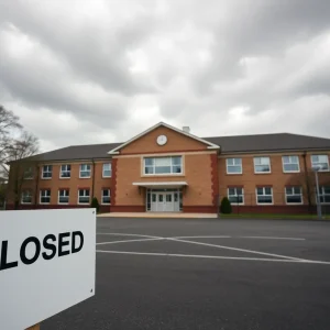 Closed school building in Mount Vernon with empty playground