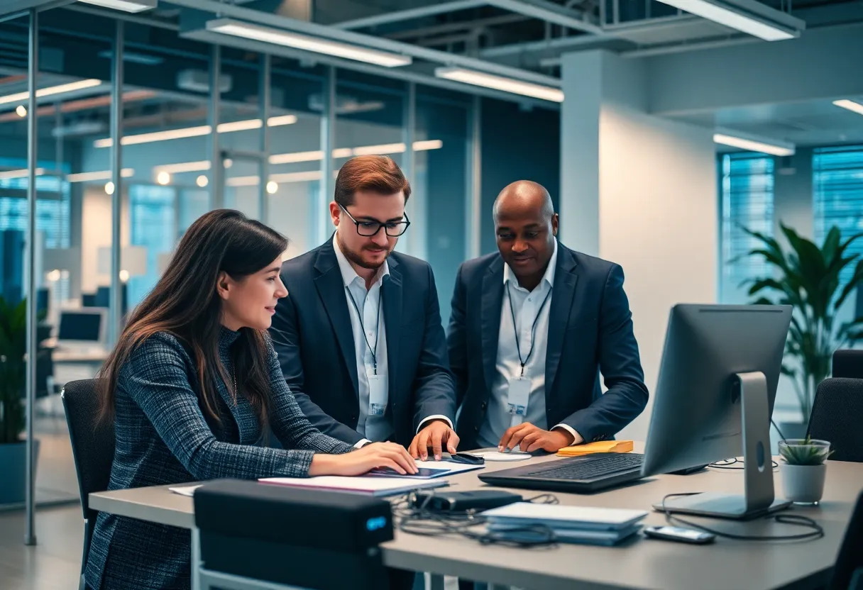 Netrio's team collaborating in a modern office setting
