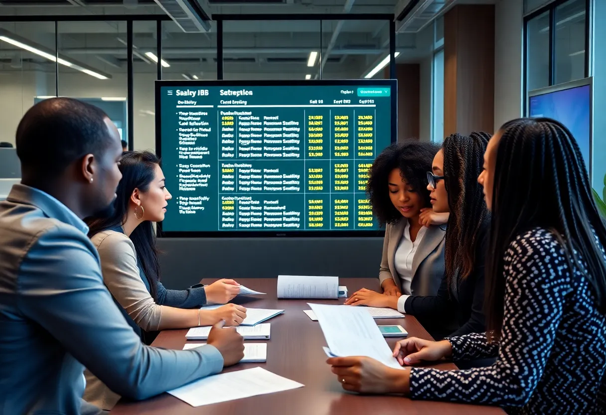 Professionals discussing salary transparency in an office