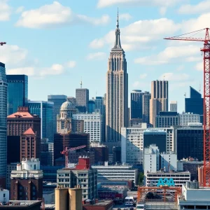 New York City skyline with government buildings symbolizes budget approval.