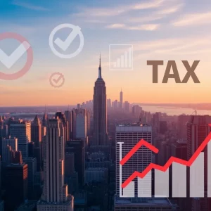 Skyline of New York City with financial elements representing business taxes