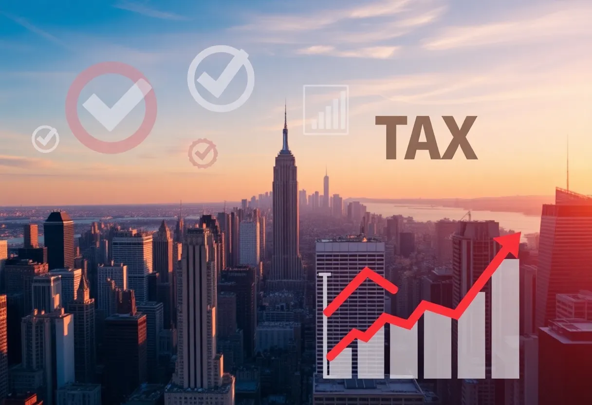 Skyline of New York City with financial elements representing business taxes