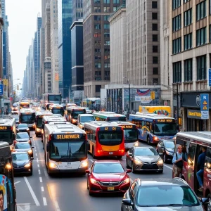 Aerial view of traffic congestion in New York City with busy streets and public transport systems.