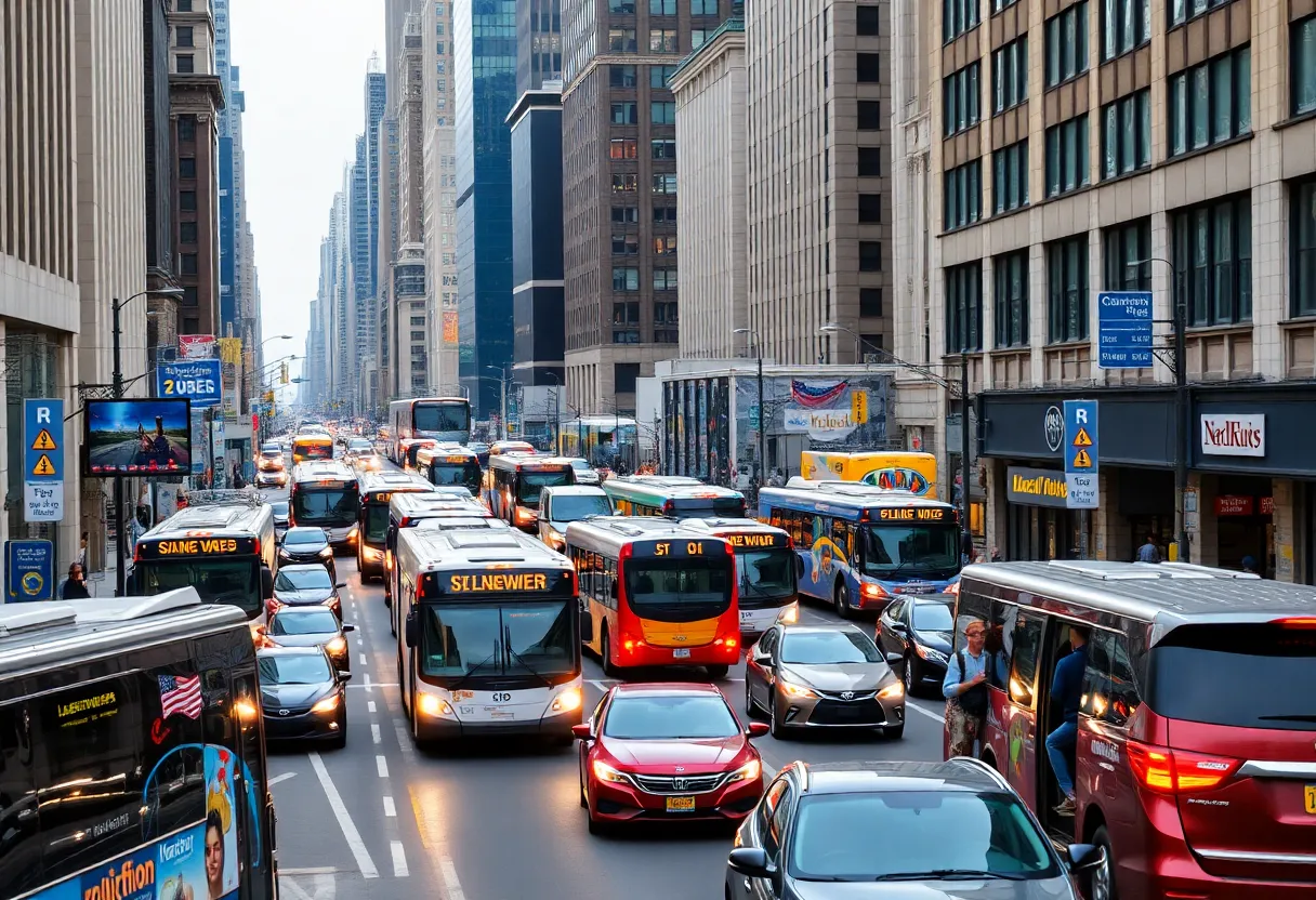Aerial view of traffic congestion in New York City with busy streets and public transport systems.