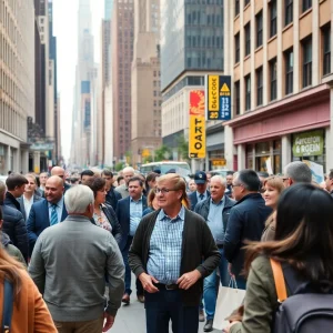 People discussing politics in a busy New York City street
