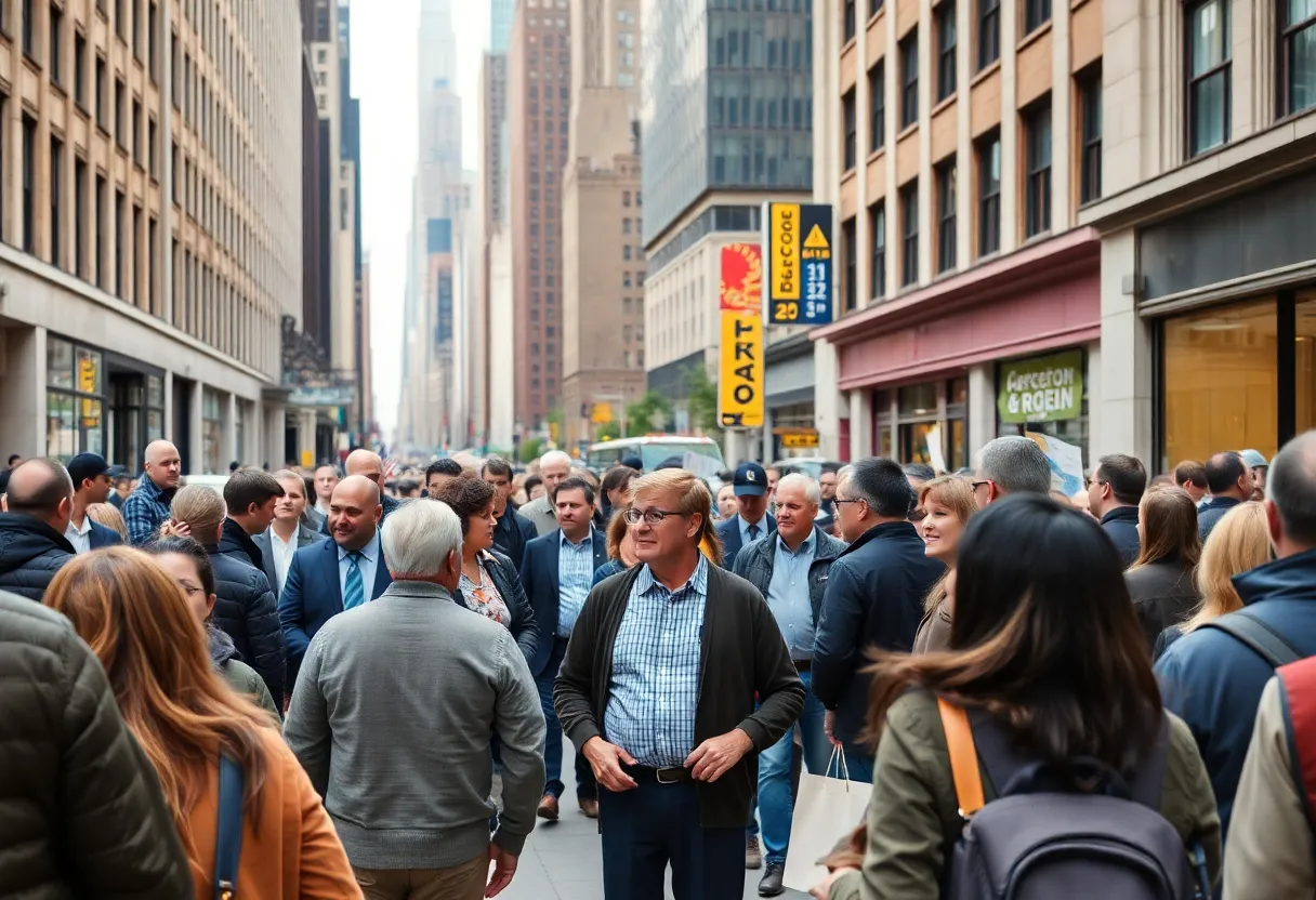 People discussing politics in a busy New York City street