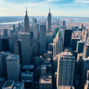 Aerial view of New York City highlighting its skyline with modern and historic buildings.