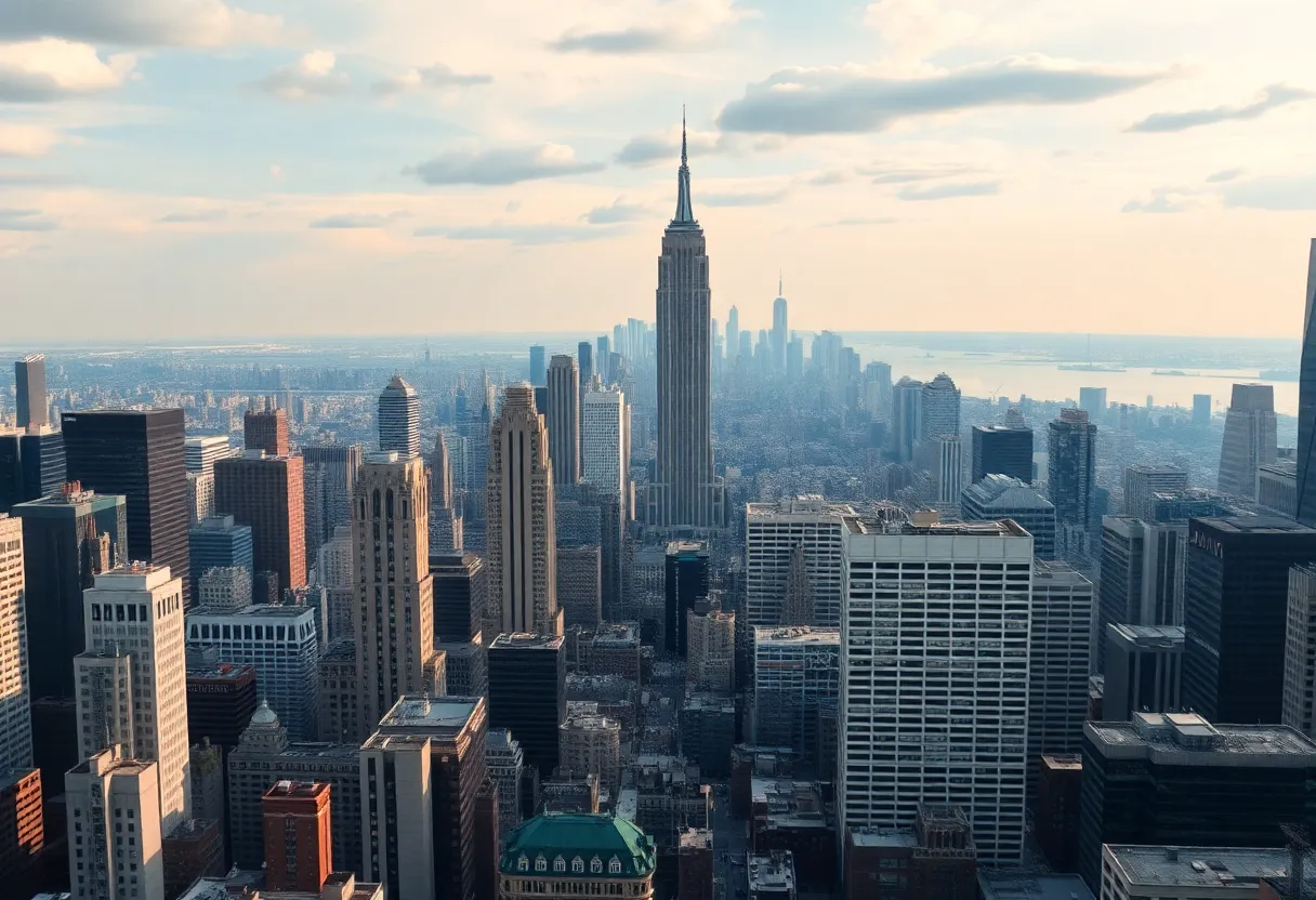 View of New York City skyline with business buildings
