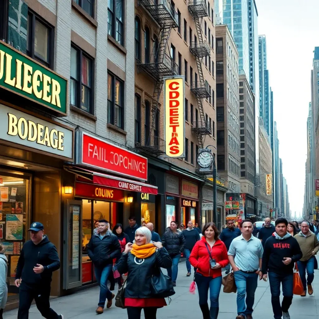 Vibrant New York City street with people walking and bodegas.