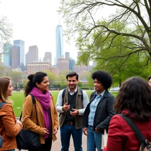 Community members discussing New York state's budget in a park.