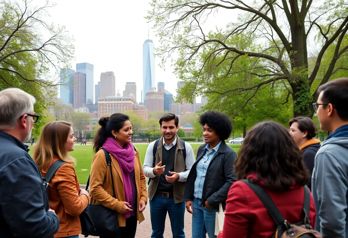 Community members discussing New York state's budget in a park.