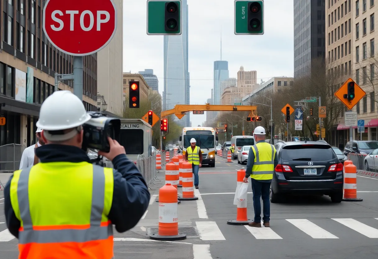 Construction zone in New York City featuring speed cameras.